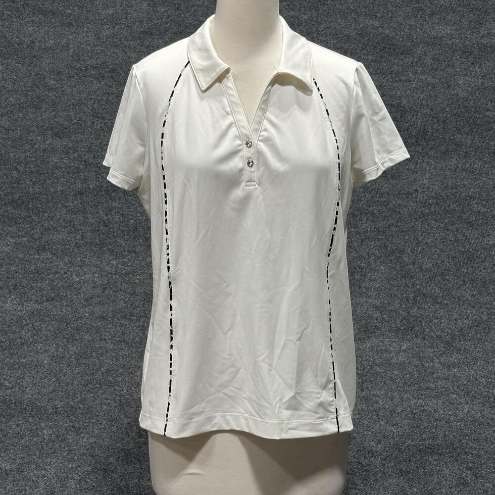 Chicos Zenergy Golf Polo Shirt Womens 1 M White Stretch Short Sleeve Performance